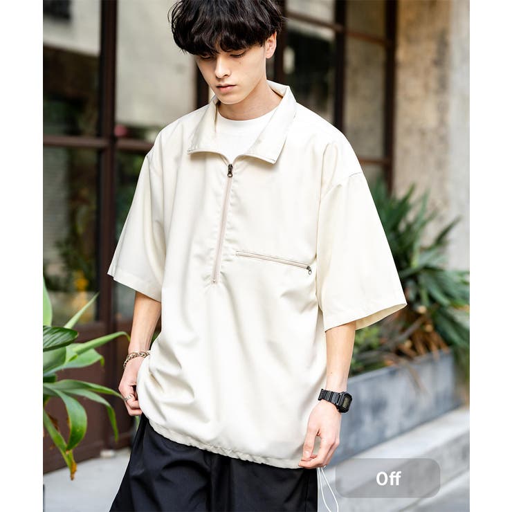 AMOMENTOハーフジップ 半袖シャツ ホワイト ハーフジップ Tシャツ 半袖 
