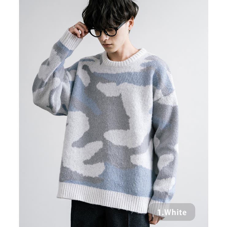 1.ホワイト | ニット セーター カモフラ柄 | Rocky Monroe