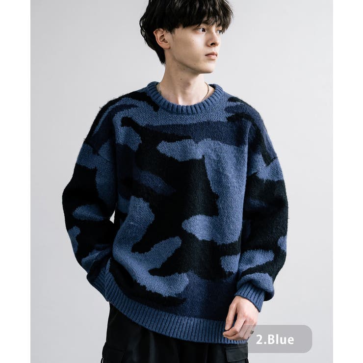 2.ブルー | ニット セーター カモフラ柄 | Rocky Monroe