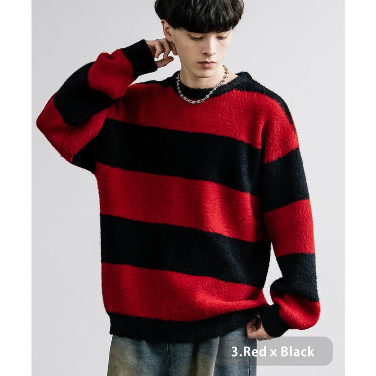 3.レッドｘブラック | ボーダーニット フェザーヤーン 長袖 | Rocky Monroe
