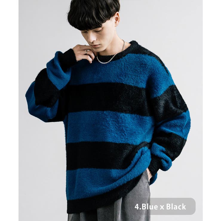 4.ブルーｘブラック | ボーダーニット フェザーヤーン 長袖 | Rocky Monroe
