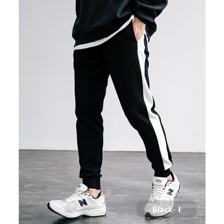 ブラック-1 | ジョガーパンツ ラインパンツ スリム | Rocky Monroe
