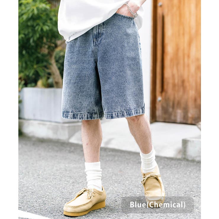 ブルー(ケミカル) | デニムショートパンツ ワイド 膝丈 | Rocky Monroe