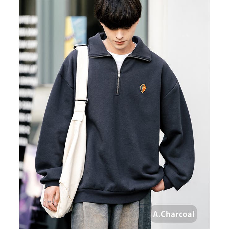 ハーフジップ 裏起毛 ワンポイント刺繍[品番：OE000008341]｜Rocky