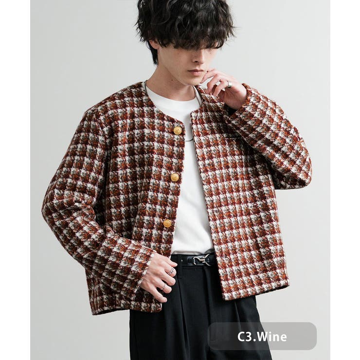 C3.ワイン | ノーカラージャケット ショート 短丈 | Rocky Monroe