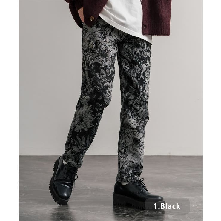 1.ブラック | テーパードイージーパンツ ゴブラン織り ヴィンテージフワラー | Rocky Monroe