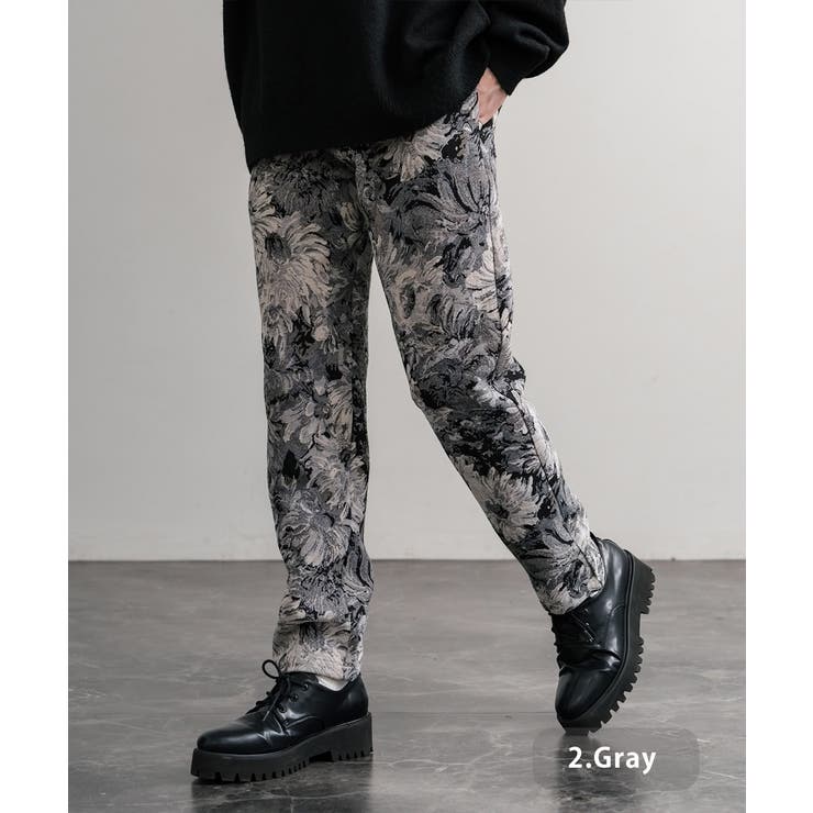 2.グレー | テーパードイージーパンツ ゴブラン織り ヴィンテージフワラー | Rocky Monroe