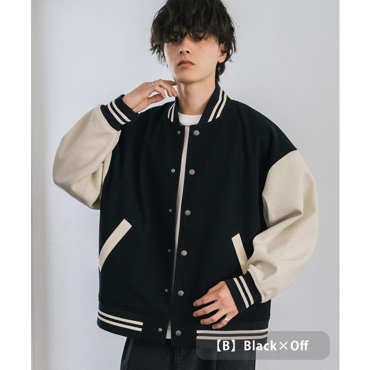 B.ブラック×オフ | スタジャン ブルゾン アウター | Rocky Monroe