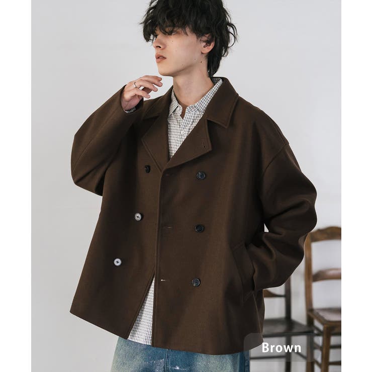 u*o様 minä perhonen ブラウン ダブルブレスト ピーコート Pコート ショート丈 ダブルブレスト[品番：OE000008986]｜Rocky Monroe