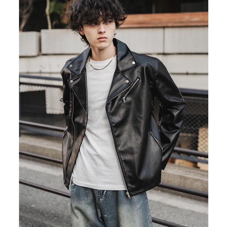 レザージャケット ダブルライダース 合成皮革[品番：OE000008928