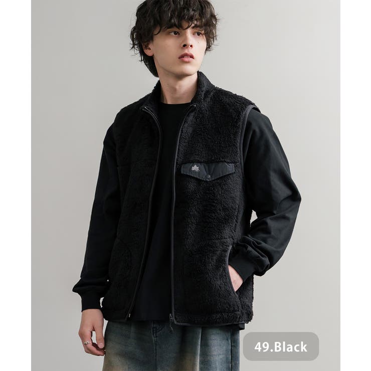 49.ブラック | シャギーボアベスト 前開き LOGOS | Rocky Monroe