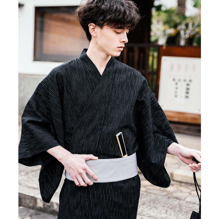 茶々丸　様　しじら織　浴衣　ブラック(帯セット) 茶々丸 様 しじら織 浴衣 ブラック(帯セット) 縞しじら織り浴衣