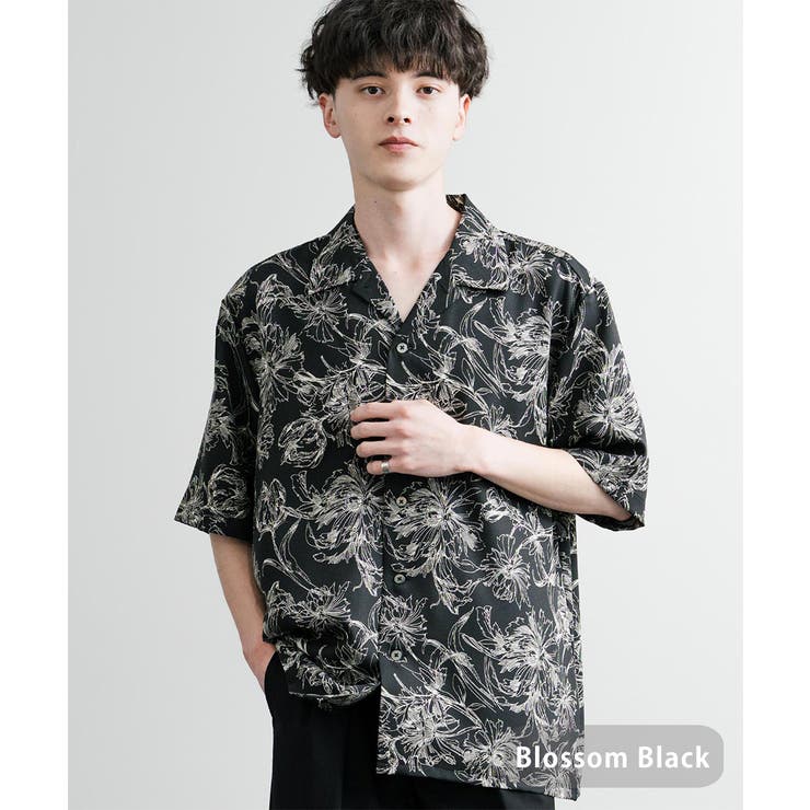ブロッサムブラック | 総柄半袖シャツ オープンカラー 日本製 | Rocky Monroe