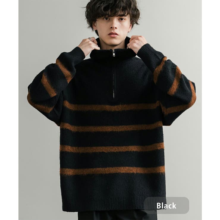 ブラック | ハーフジップ シャギーニット セーター | Rocky Monroe