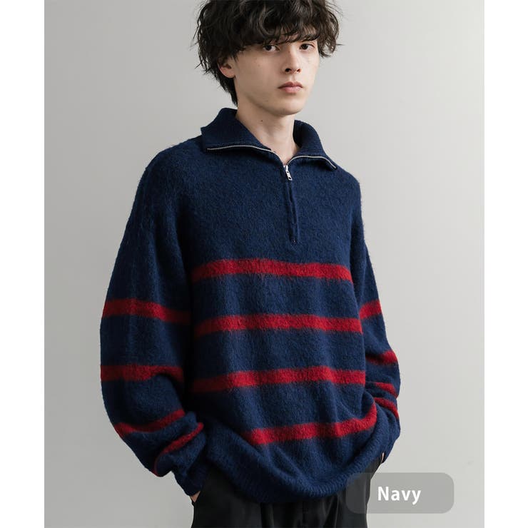 ネイビー | ハーフジップ シャギーニット セーター | Rocky Monroe