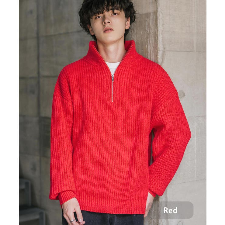 レッド | ニット ハーフジップ 畦編み | Rocky Monroe