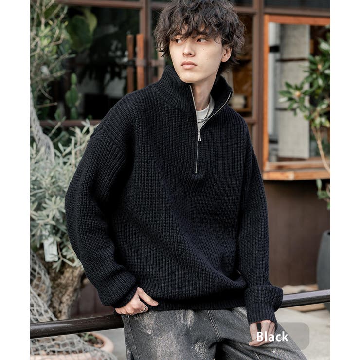 ブラック | ニット ハーフジップ 畦編み | Rocky Monroe