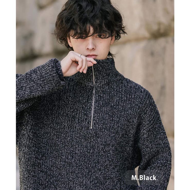 メランジブラック | ニット ハーフジップ 畦編み | Rocky Monroe