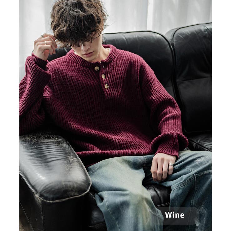 ワイン | ニット ヘンリーネック 無地 | Rocky Monroe