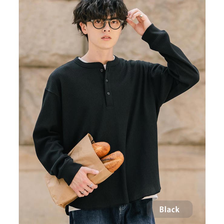 ブラック | 長袖Tシャツ ワッフル ヘンリーネック | Rocky Monroe