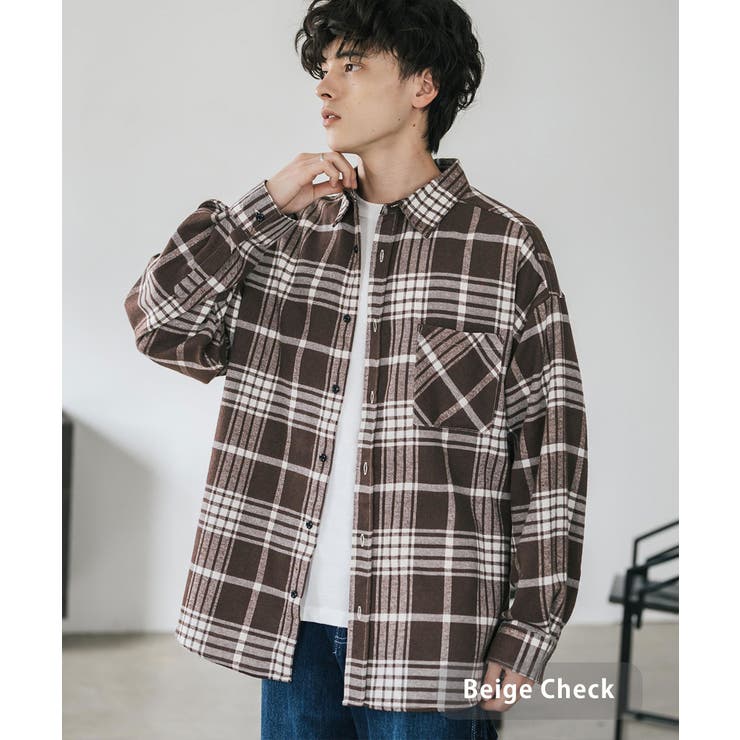 ベージュチェック | 長袖チェックシャツ ネルシャツ オーバーサイズ | Rocky Monroe
