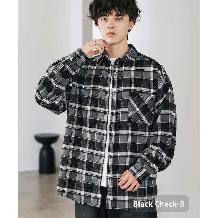 ブラックチェックB | 長袖チェックシャツ ネルシャツ オーバーサイズ | Rocky Monroe