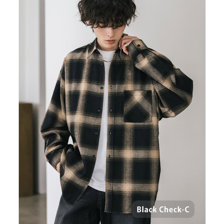 ブラックチェックC | 長袖チェックシャツ ネルシャツ オーバーサイズ | Rocky Monroe