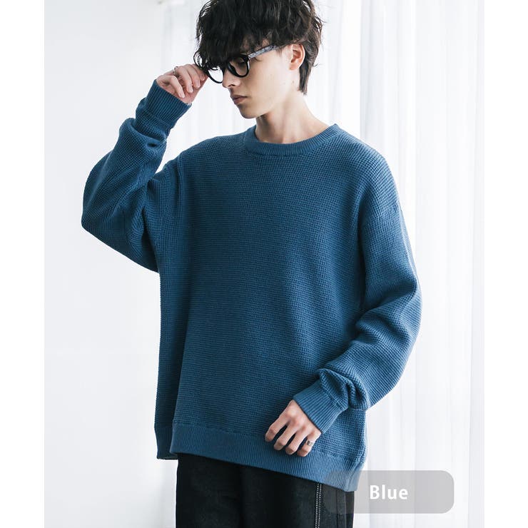 ブルー | ワッフルニットセーター 無地 配色リブ | Rocky Monroe