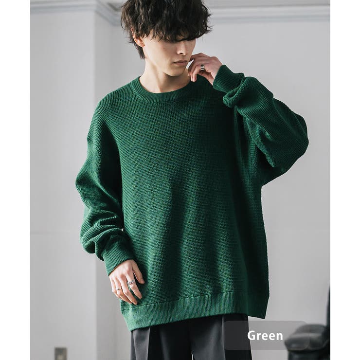 グリーン | ワッフルニットセーター 無地 配色リブ | Rocky Monroe