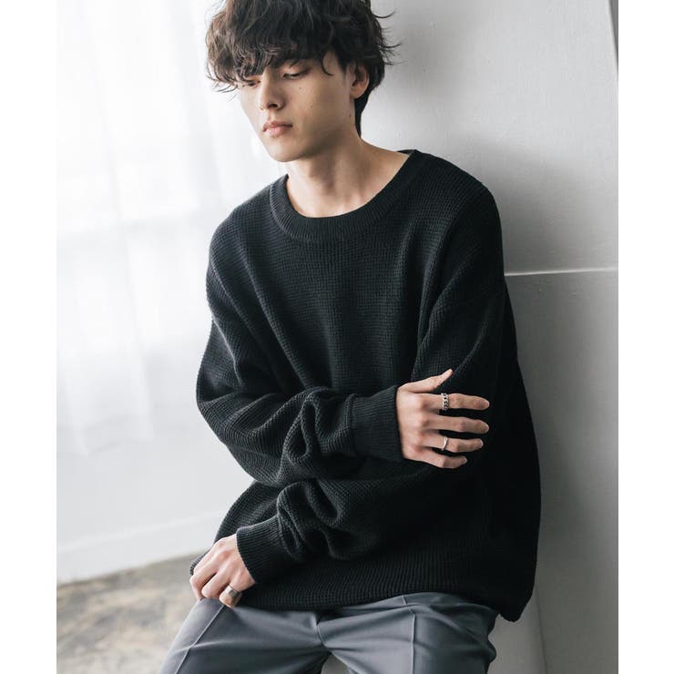 ワッフルニットセーター 無地 配色リブ | Rocky Monroe | 詳細画像2 