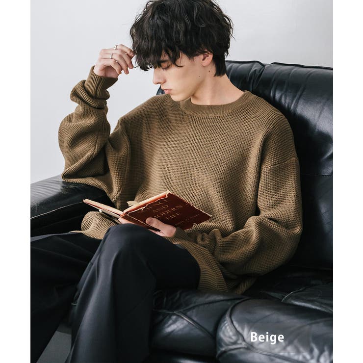ベージュ | ワッフルニットセーター 無地 配色リブ | Rocky Monroe