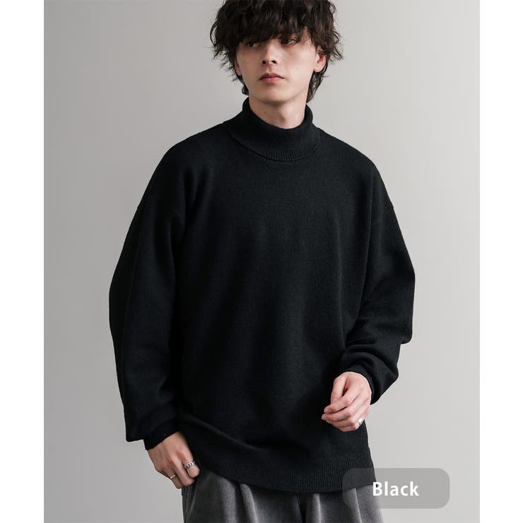 ブラック | ニット タートルネック ウール混メランジセーター | Rocky Monroe
