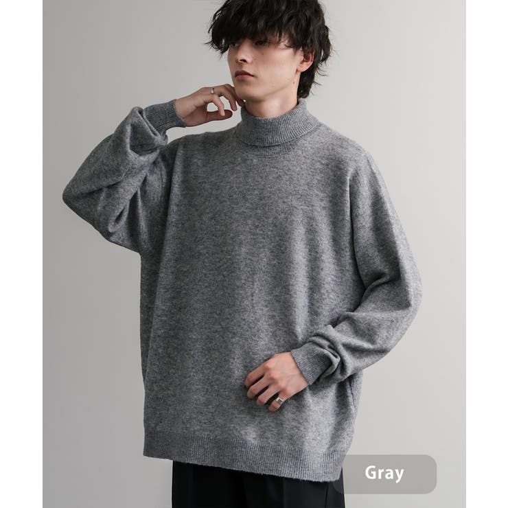 グレー | ニット タートルネック ウール混メランジセーター | Rocky Monroe