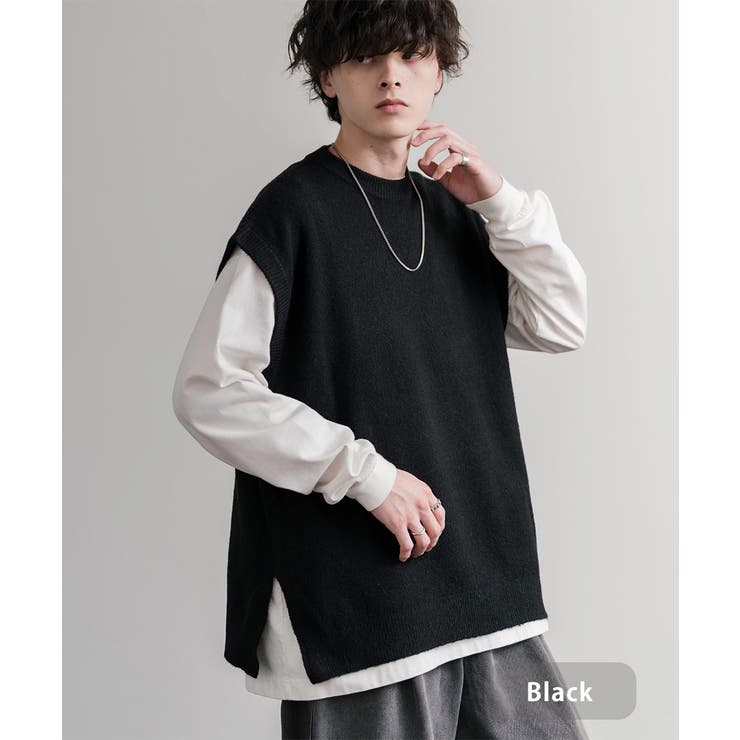 ブラック | ニットベスト クルーネック ウール混メランジ | Rocky Monroe