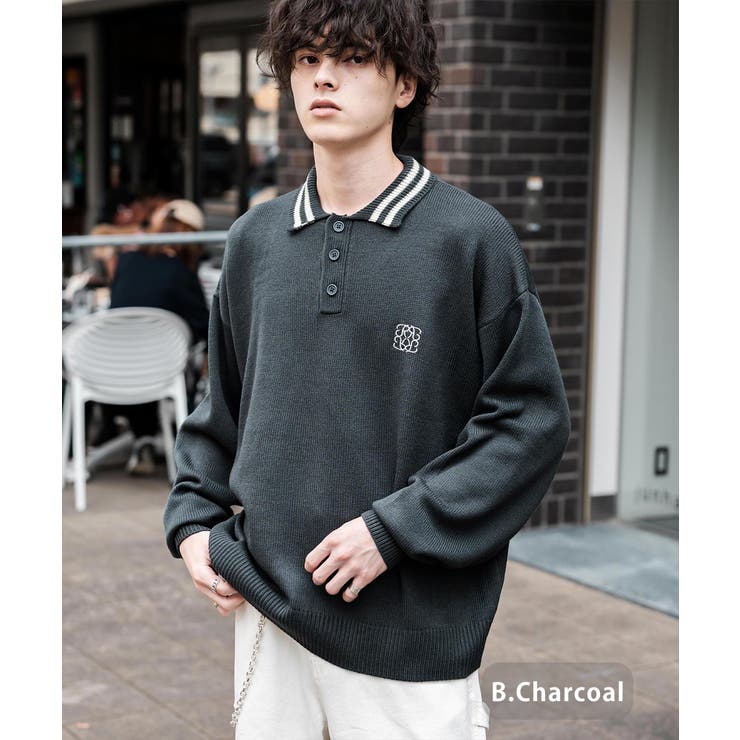 B.チャコール | ポロシャツ ニット ワンポイント刺繍 | Rocky Monroe