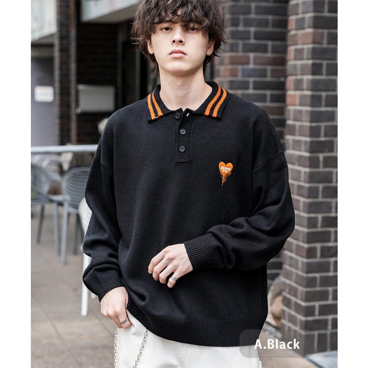 A.ブラック | ポロシャツ ニット ワンポイント刺繍 | Rocky Monroe
