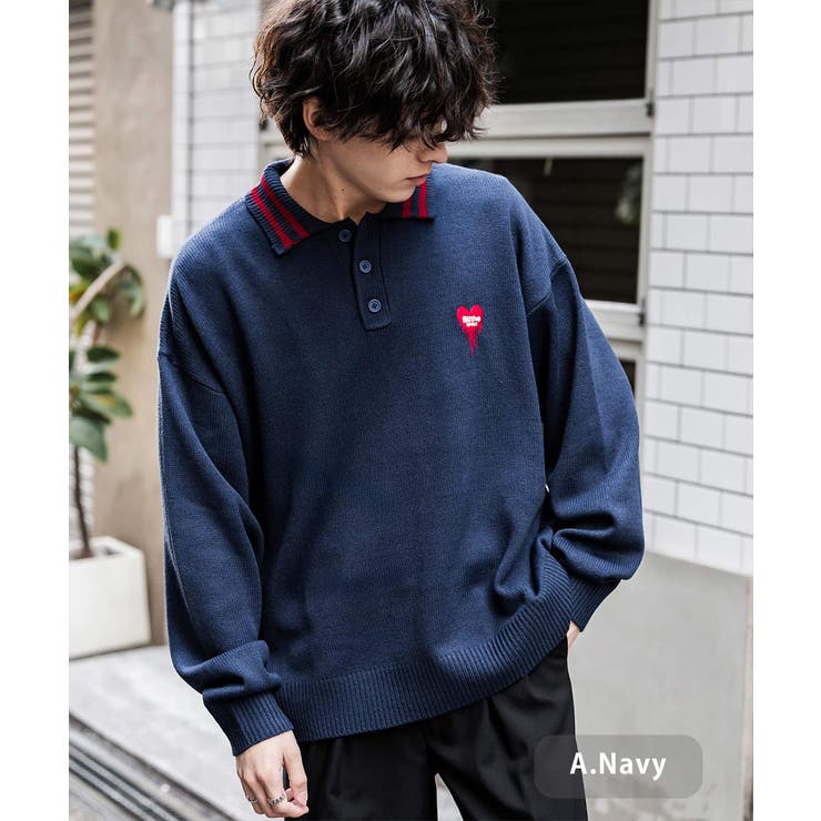A.ネイビー | ポロシャツ ニット ワンポイント刺繍 | Rocky Monroe