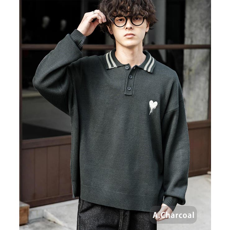 A.チャコール | ポロシャツ ニット ワンポイント刺繍 | Rocky Monroe