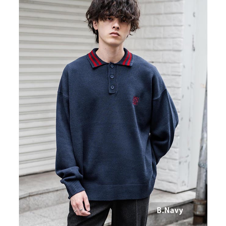B.ネイビー | ポロシャツ ニット ワンポイント刺繍 | Rocky Monroe