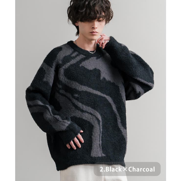2.ブラック×チャコール | ニット セーター 総柄 | Rocky Monroe