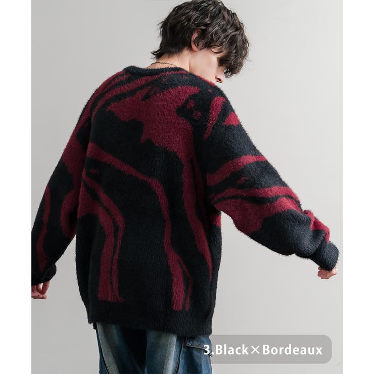 3.ブラック×ボルドー | ニット セーター 総柄 | Rocky Monroe