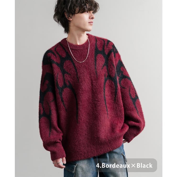 4.ボルドー×ブラック | ニット セーター 総柄 | Rocky Monroe