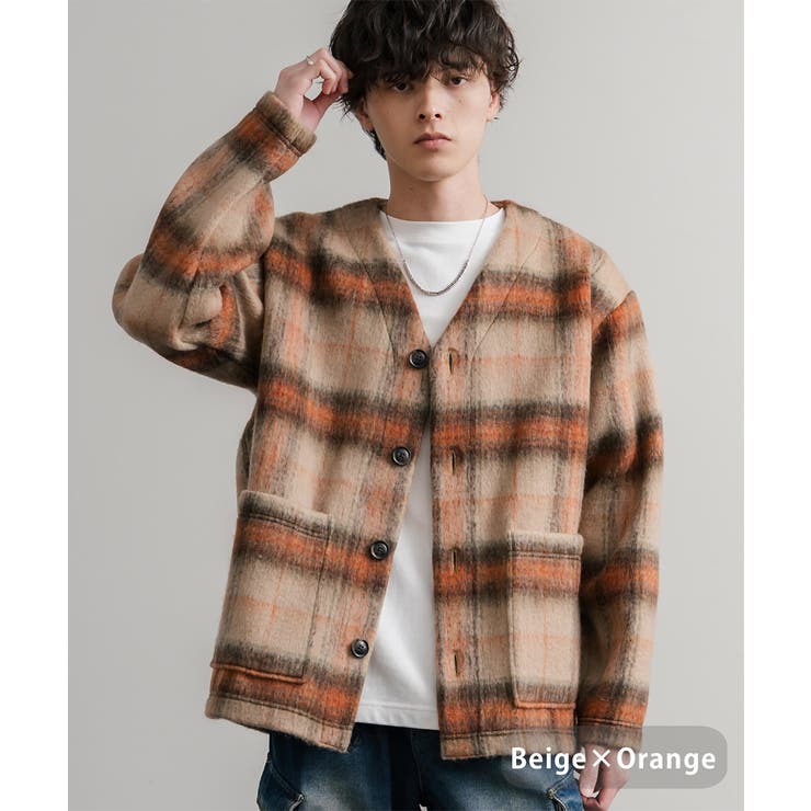 ベージュ×オレンジ | ノーカラージャケット シャギー チェック | Rocky Monroe