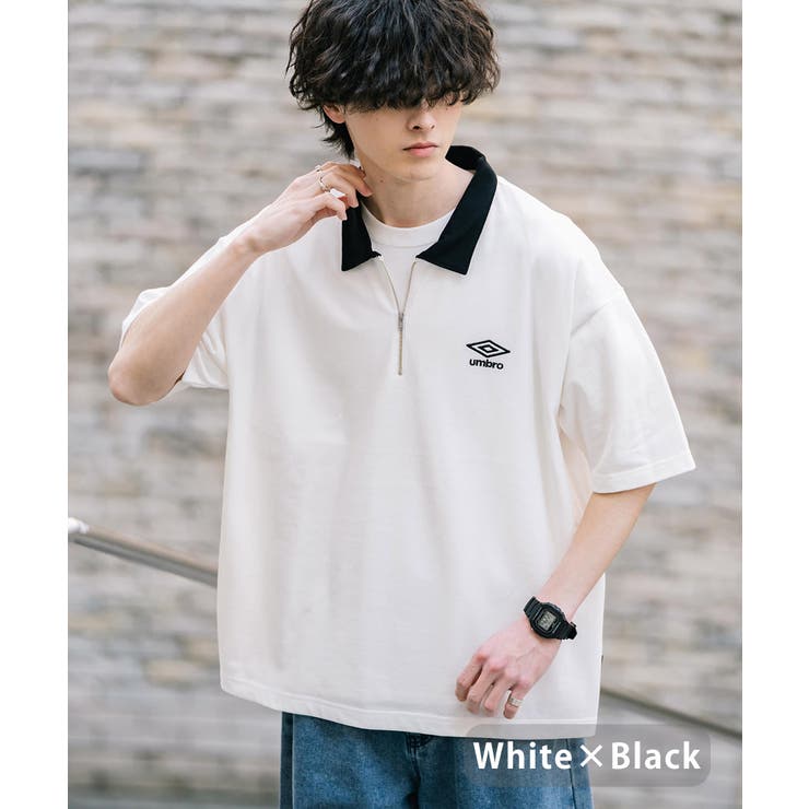 ホワイト×ブラック | UMBRO ハーフジップ 半袖ポロシャツ | Rocky Monroe
