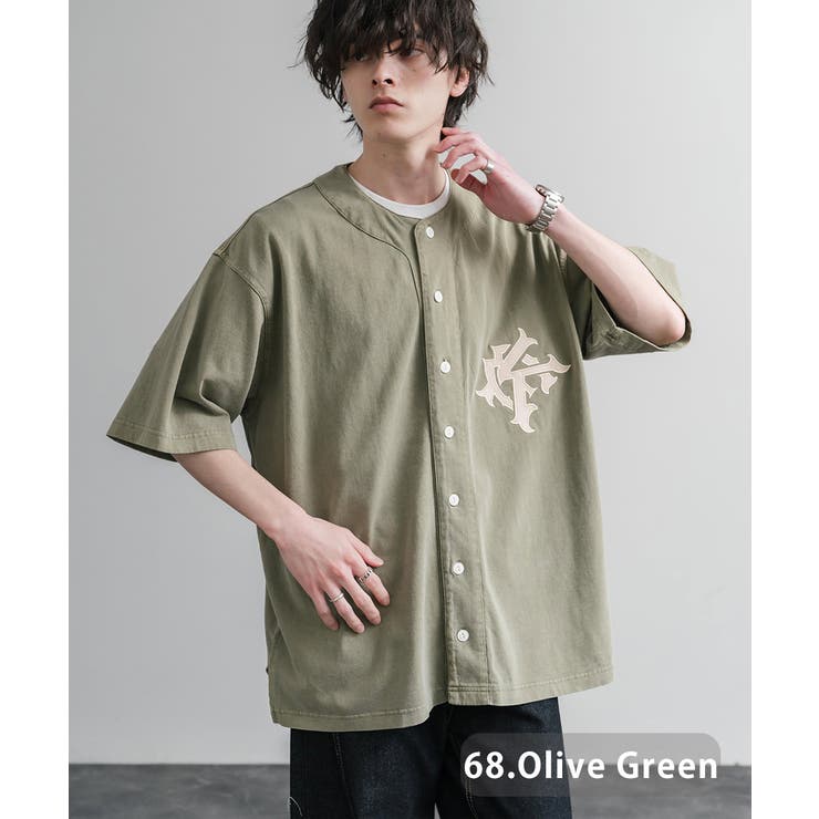 68.オリーブグリーン | ベースボールシャツ 半袖 ピグメント加工 | Rocky Monroe