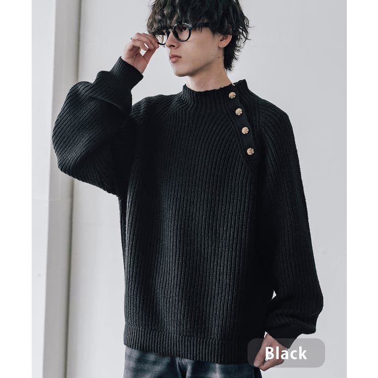 ブラック | ニットセーター モックネック 畦編み | Rocky Monroe