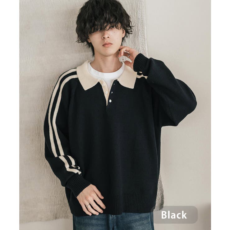 ブラック | ニットポロ 長袖 ライン | Rocky Monroe