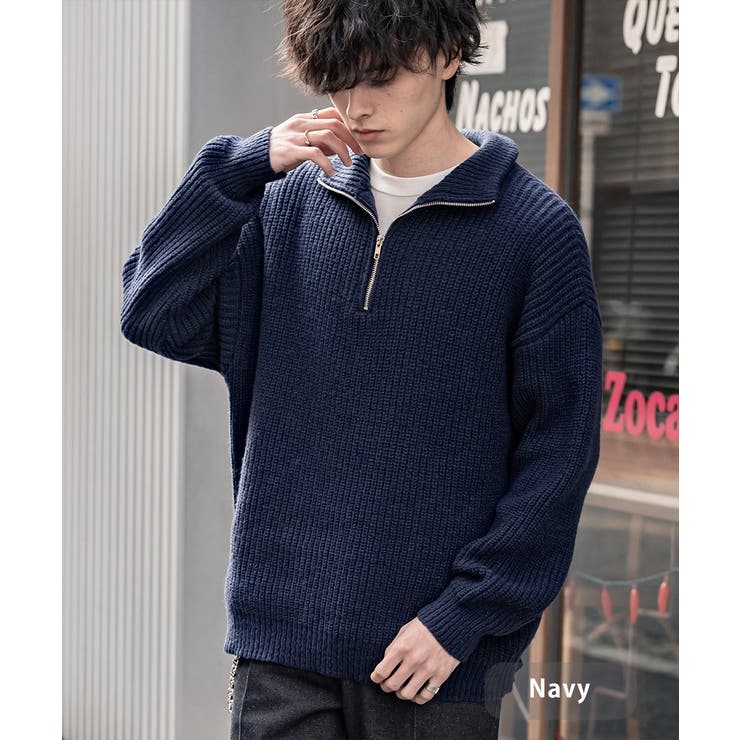 ネイビー | ニットセーター ハーフジップ 長袖 | Rocky Monroe