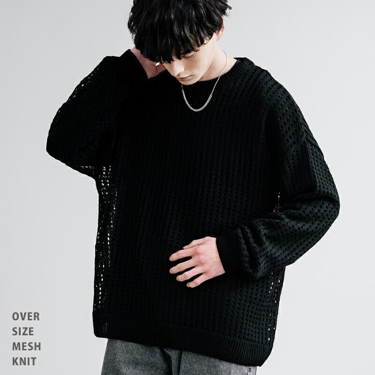 メッシュニット 透かし編み クルーネック[品番：OE000007787