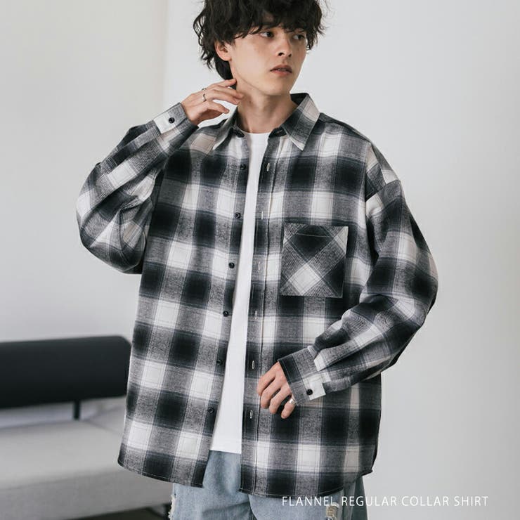長袖チェックシャツ ネルシャツ オーバーサイズ[品番：OE000008942